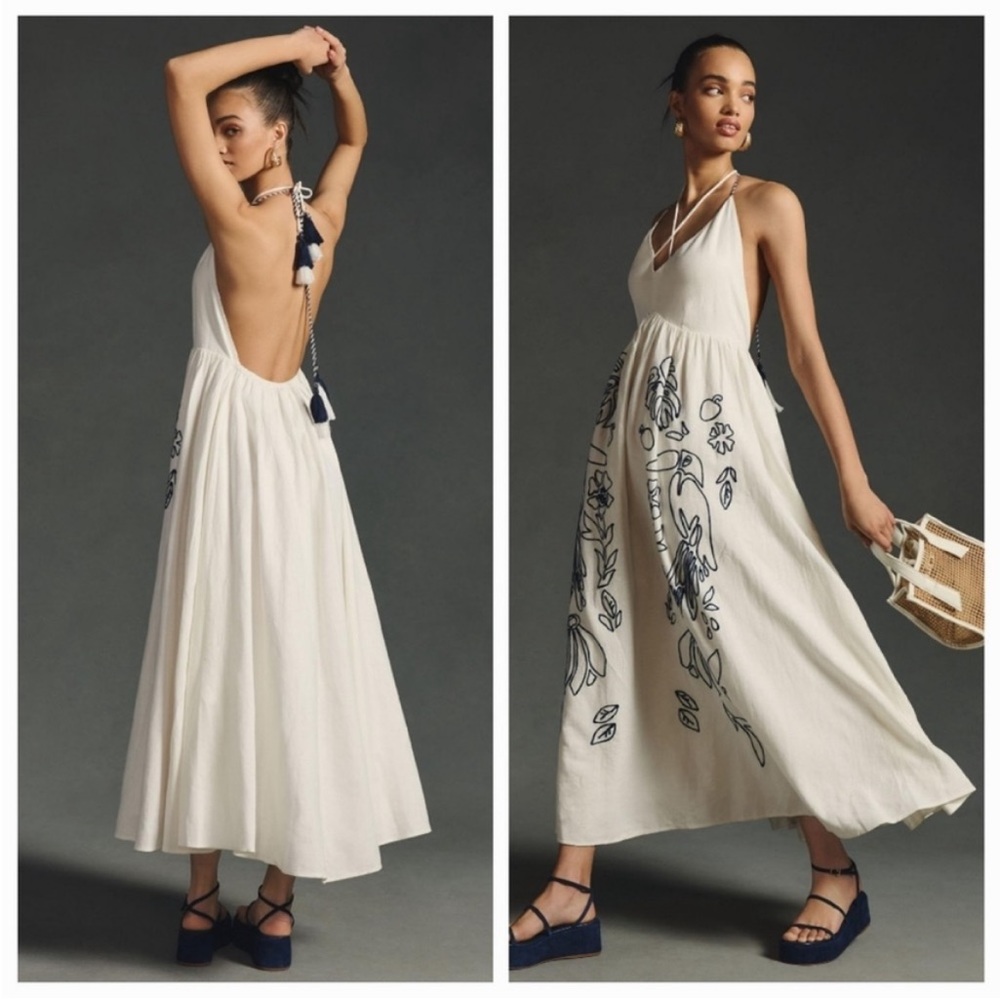 Farm Rio Embroidered Halter Maxi Dress Linen Backless White Navy Large Petite